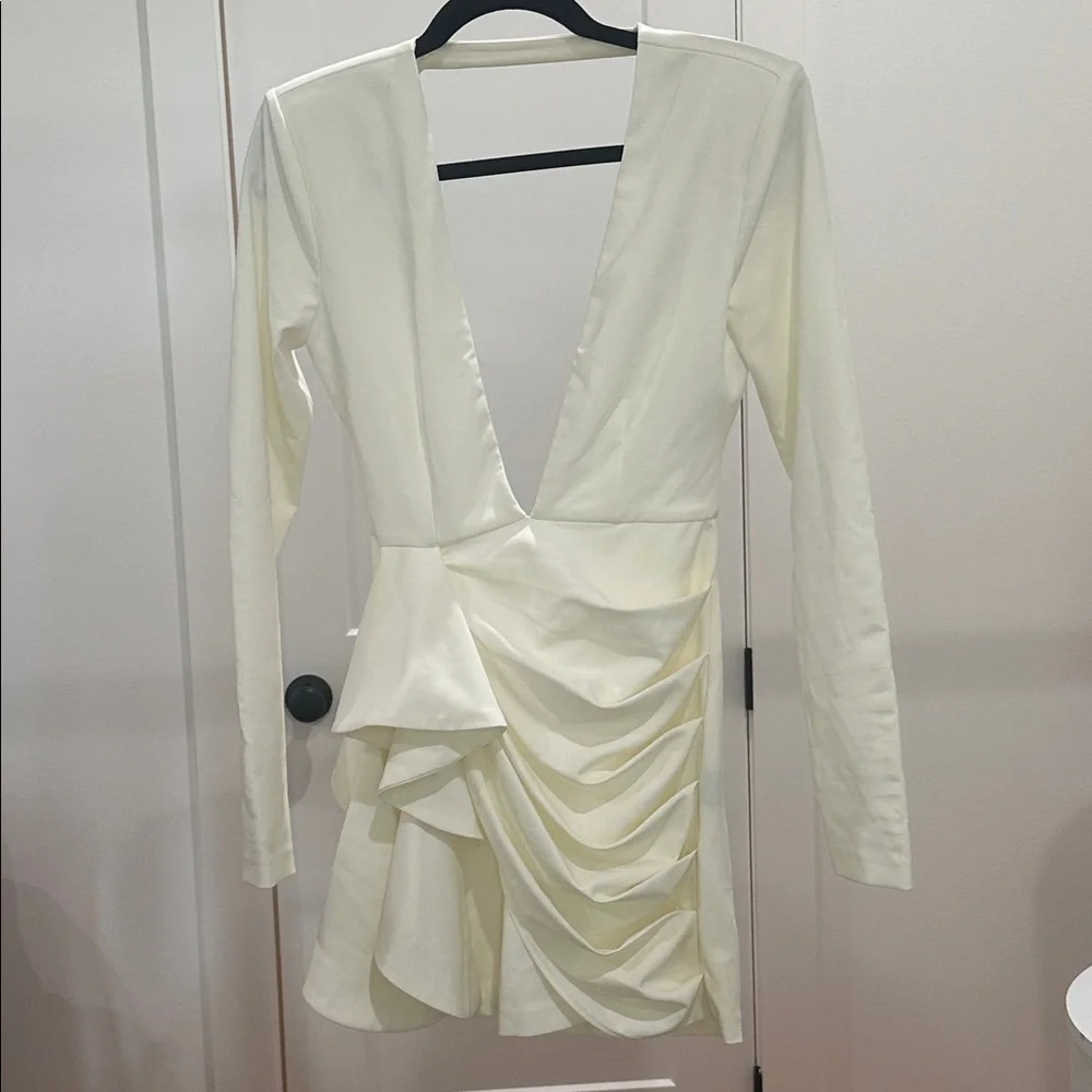 REVOLVE ivory long sleeve plunging neckline, ruffled skirt, backless mini dress - Picture 4 of 9